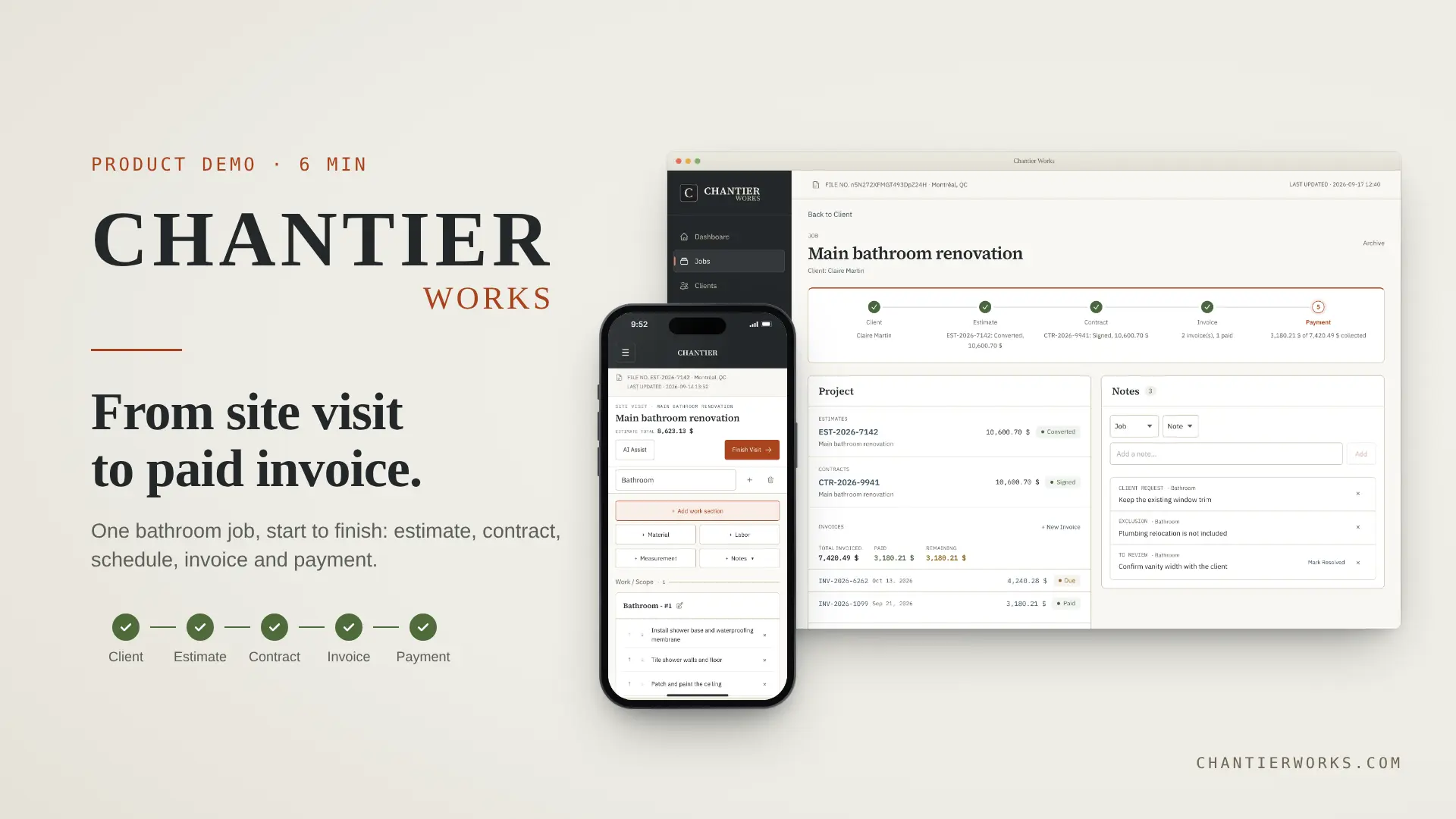 Chantier Works product demo cover, with a job page in the browser and a site visit on the phone