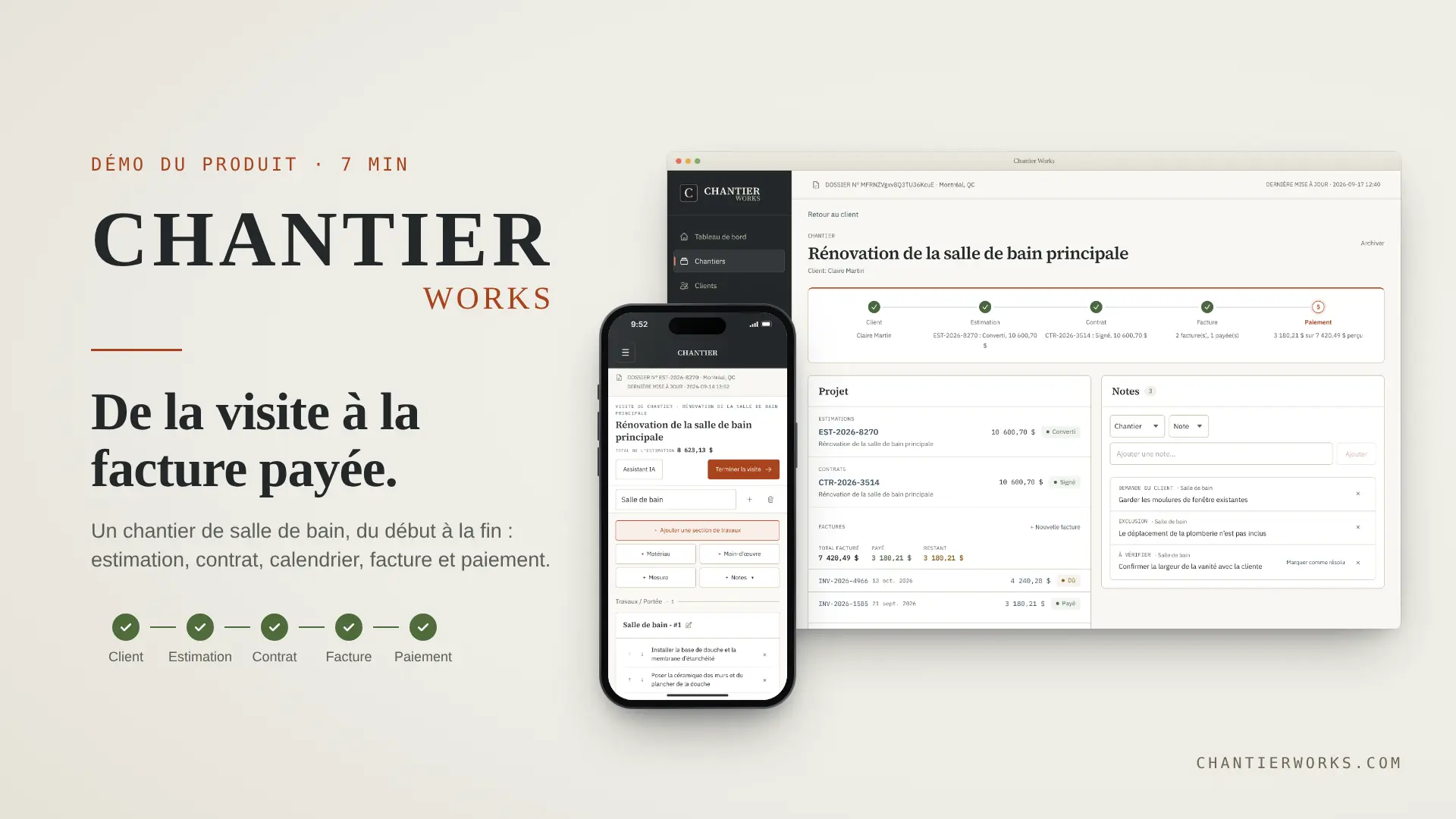 Couverture de la démo de Chantier Works, avec une page de chantier dans le navigateur et une visite de chantier sur le téléphone